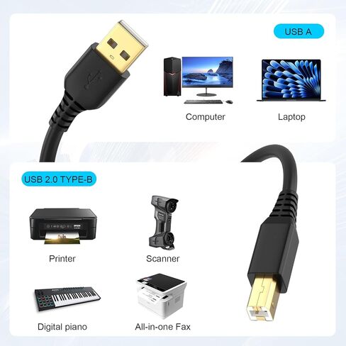 كابل طابعة 6FT إلى USB 2.0، كابل USB A إلى USB B عالي السرعة HP الماسح الضوئي/سلك الطابعة لـ Canon، Brother، Samsung، Dell، Epson، Lexmark، Xerox، والمزيد (أسود) in Kuwait