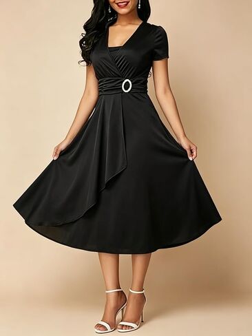 Women's Asymmetrical High Low Evening Dress V Neck Waist Solid Color Cocktail Party Gown in Saudi Arabia