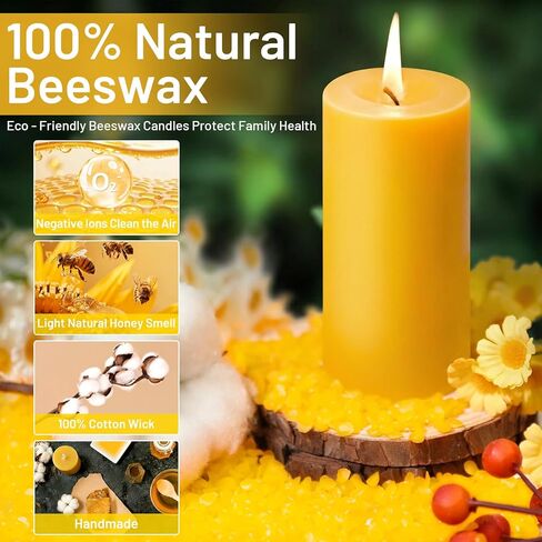 6 Pack Pure Beeswax Pillar Candles– 210 Hours Long Burning Organic Beeswax Candle, 100% Natural Hand-Poured Bees Wax Candles for Home, Parties, Paryer, Smokeless & Dripless 2x4in in Saudi Arabia