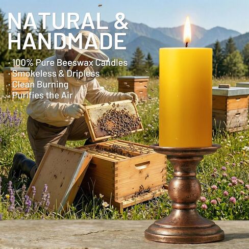 6 Pack Pure Beeswax Pillar Candles– 210 Hours Long Burning Organic Beeswax Candle, 100% Natural Hand-Poured Bees Wax Candles for Home, Parties, Paryer, Smokeless & Dripless 2x4in in Saudi Arabia