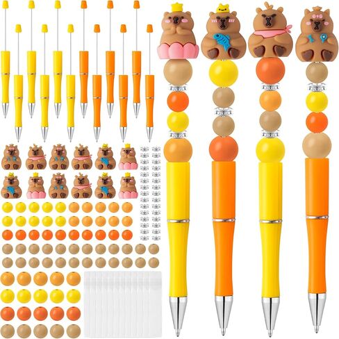 CY2SIDE Capybara Beadable Pens Making Kit - 12PCS DIY Fun Animal Black Ink Plastic Ballpoint Pens with Assorted Wood Beads and Crystal Round Spacer Bulk for Kid, Capybara Party Favor for School Reward in Saudi Arabia