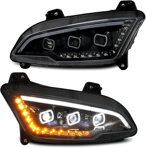 FIT مصابيح أمامية لجهاز العرض LED بالكامل، زوج إشارة هالو وعنبر أبيض متوافق مع PETERBILT 379 378 365 357 KENWORTH W900 T800 T600 Freightliner Classic Western Star 4x6 LED استبدال المصباح in Kuwait
