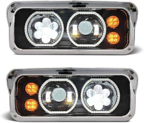 FIT مصابيح أمامية لجهاز العرض LED بالكامل، زوج إشارة هالو وعنبر أبيض متوافق مع PETERBILT 379 378 365 357 KENWORTH W900 T800 T600 Freightliner Classic Western Star 4x6 LED استبدال المصباح in Kuwait