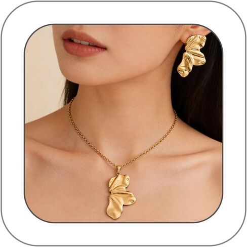 Chunky Gold Flower Statement Necklace Earrings for Women Vintage Large Thick Floral Pendant Necklace Exaggerated Spring Charm Party Jewelry Set in Saudi Arabia