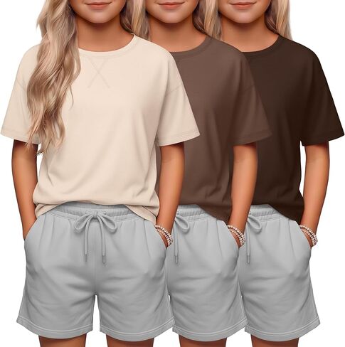 3 Pack Girls' Short Sleeve Shirts Kids Summer Crew Neck Tops Casual Plain T-Shirts Loose Basic Tee 5-14 Years in Saudi Arabia