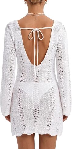 CUPSHE Crochet Swimsuit Coverup for Women Long Sleeve Open Back Hollow Out Mini Beach Cover Up Dresses in Saudi Arabia