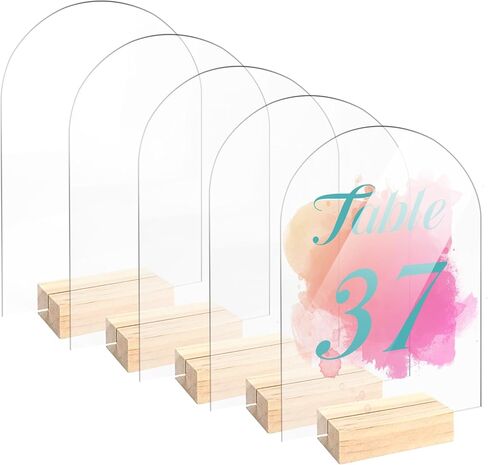 Bercoor 10 Pack 4x6 Inch Blank Clear Arch Acrylic Sign with Wooden Stands, Arched Round Top Acrylic Sheet, DIY Acrylic Arch Table Numbers for DIY Name Card Gifts Event Party Sign Decoration in Saudi Arabia