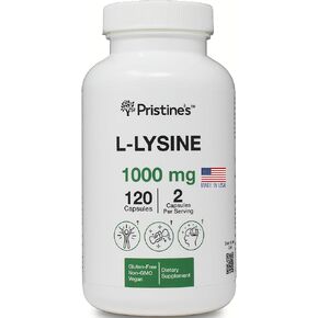 PRISTINE'S L Lysine 1000MG 60 Day Supply - الأحماض الأمينية الأساسية لصحة الشفاه واللثة ومكمل دعم المناعة - الدعم الأمثل للعضلات والأنسجة - إنتاج الكولاجين - نباتي - خالي من الغلوتين in Kuwait