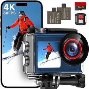 كاميرا الحركة ODDV 4K60FPS بدقة 30 ميجابكسل مع شاشات LCD أمامية وشاشات خلفية تعمل باللمس، وكاميرا تحت الماء مع بطاقة ذاكرة سعة 64 جيجابايت، وكاميرا مقاومة للماء بطول 132 قدمًا، ونظام EIS، وتكبير 5X، وجهاز تحكم عن بعد WiFi (أسود) in Kuwait