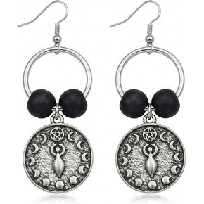 Selene Moon Goddess Earrings – Handmade Silver Color Dangle Earrings with Lunar Phase & Black Beads, Moon Goddess Symbol Inspired Jewelry for Adults in Saudi Arabia
