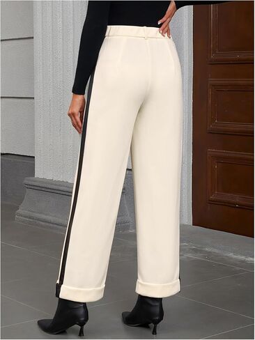 Women's Elegant Color Block Wide Leg Dress Pants High Waisted Work Office Trousers with Pockets in Saudi Arabia