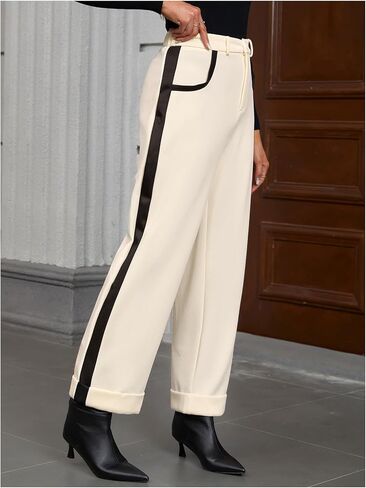 Women's Elegant Color Block Wide Leg Dress Pants High Waisted Work Office Trousers with Pockets in Saudi Arabia