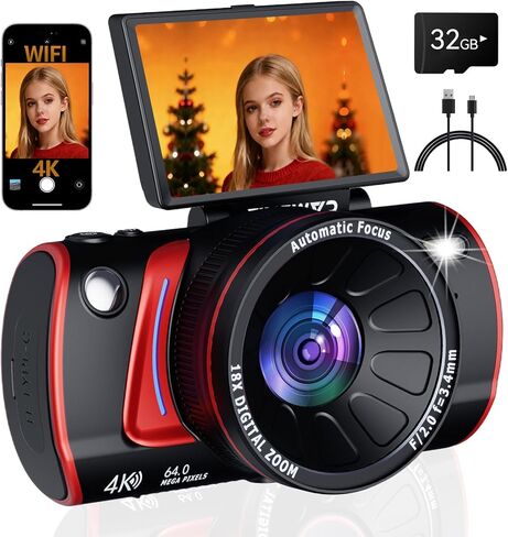 كاميرا رقمية بدقة 4K للتركيز التلقائي للتصوير الفوتوغرافي، وكاميرا تسجيل فيديو واي فاي بدقة 64 ميجابكسل مع شاشة قلاب 3 بوصات 180 درجة لليوتيوب، وكاميرا سفر تكبير 18X للمبتدئين، وبطاقة 32 جيجابايت وبطارية قابلة لإعادة الشحن (وردي) in Kuwait