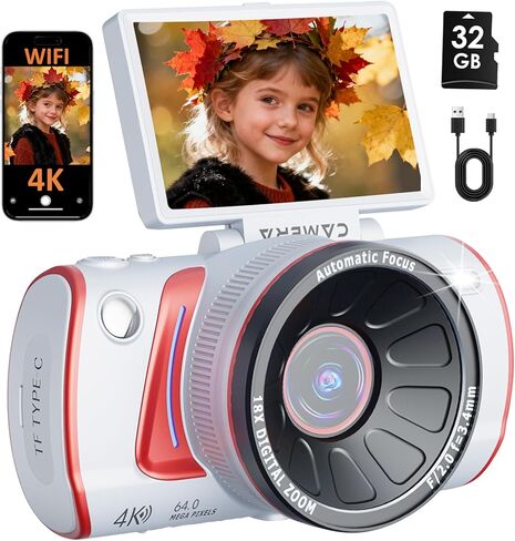 4K Digital Camera for Photography Autofocus,64MP WiFi Vlogging Camera with 3" 180° Flip Screen for YouTube,18X Zoom Travel Camera for Beginners,32GB Card & Rechargeable Battery (Pink) in Saudi Arabia