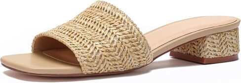 VICKI·VICKI Women’s Raffia Slide Sandals, Low Heel Square Toe Open Toe Slip On Sandals for Women, Memory Foam Insole, Summer Vacation Casual Sandals in Saudi Arabia