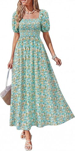 BTFBM Spring Summer Dresses for Women 2026 Puff Short Sleeve Smocked Floral Print Boho Beach Wedding Guest Maxi Dress in Saudi Arabia