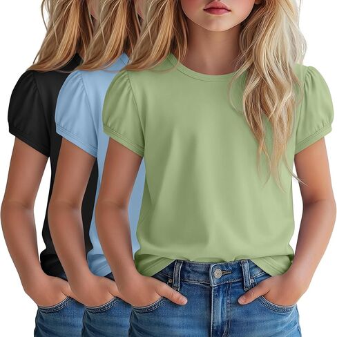 3 Pack Girls' Puff Short Sleeve Shirts Kids Round Neck Basic Tops Casual Summer Blouses 5-14 Years in Kuwait