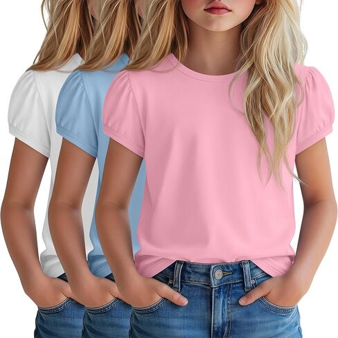 3 Pack Girls' Puff Short Sleeve Shirts Kids Round Neck Basic Tops Casual Summer Blouses 5-14 Years in Kuwait