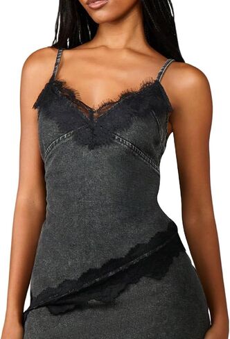 MakeMeChic Women's Lace Denim Cami Top Spaghetti Strap Sleeveless Fall Y2K Jean Tops in Saudi Arabia