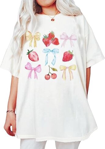 تي شيرت نسائي كبير الحجم من Luckinbaby برسومات الفاكهة Y2k بأكمام قصيرة، قميص Preppy صيفي لطيف، ملابس جمالية in Kuwait