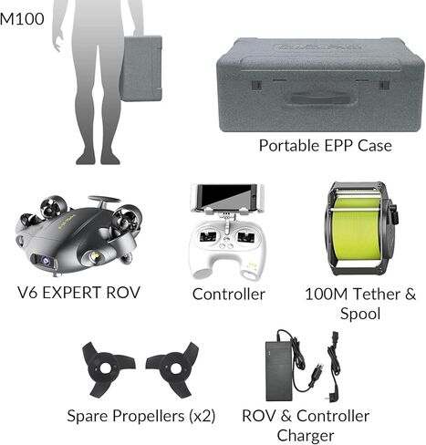FIFISH QYSEA V6 Expert M200A بدون طيار تحت الماء مع ذراع آلي، AI Vision Lock Portable ROV مع واجهة Q، روبوت تحت الماء مع حقيبة صناعية، وقت عمل 6 ساعات، كاميرا 4K، غوص 660 قدم in Kuwait