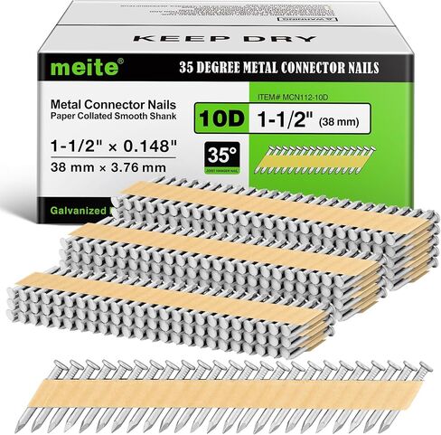 مسامير موصل معدنية من ميتي، 1-1/2 بوصة × 0.131 بوصة مسامير شماعات الرافعة، 35 درجة، مجلفنة، شريط ورقي مرتب، مسامير تأطير ناعمة لمسمار الموصل المعدني (2000 قطعة) in Kuwait