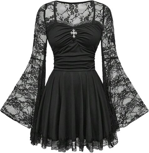 Women's Gothic Cross Short Dress Grunge Punk Renaissance Lace Bell Long Sleeve Ruched A Line Flared Dresses in Saudi Arabia