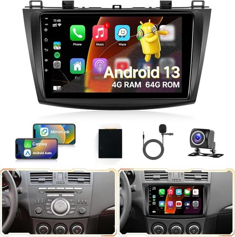 ستيريو راديو السيارة Android لمازدا 3 2009 2010 2011 2012 2013 مع Carplay اللاسلكي Android Auto - شاشة لمس IPS 9 بوصة لوحدة Mazda 3 الرئيسية مع GPS، BT، WiFi، FM، MIC، كاميرا احتياطية in Kuwait