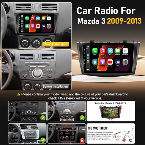 ستيريو راديو السيارة Android لمازدا 3 2009 2010 2011 2012 2013 مع Carplay اللاسلكي Android Auto - شاشة لمس IPS 9 بوصة لوحدة Mazda 3 الرئيسية مع GPS، BT، WiFi، FM، MIC، كاميرا احتياطية in Kuwait