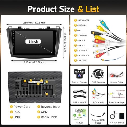 ستيريو راديو السيارة Android لمازدا 3 2009 2010 2011 2012 2013 مع Carplay اللاسلكي Android Auto - شاشة لمس IPS 9 بوصة لوحدة Mazda 3 الرئيسية مع GPS، BT، WiFi، FM، MIC، كاميرا احتياطية in Kuwait