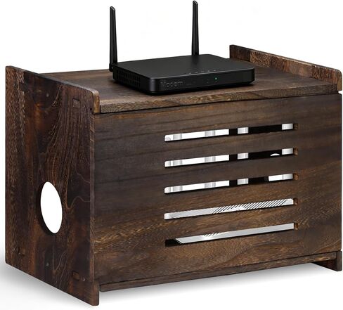 صندوق تخزين راوتر خشبي كبير فحمي قديم مع إدارة الكابلات، رف راوتر حديث، صندوق تخزين راوتر واي فاي، مخفي راوتر للمنزل والمكتب in Kuwait