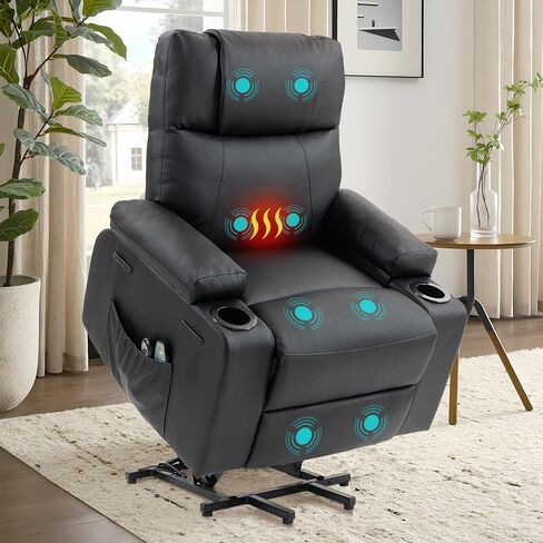 Power Lift Recliner Chair for Elderly, Electric Stand Assist Reclining Chair with Massage and Heat Function, Leather Living Room Furniture, Comfy Single Sofa with Cup Holders, Side Pockets, Brown in Saudi Arabia