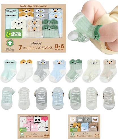 Organic Baby Socks – 7 Pairs of Soft Infant Socks for Newborn Boys & Girls (0-6 Months) – Breathable, Cute Animal Design in Saudi Arabia