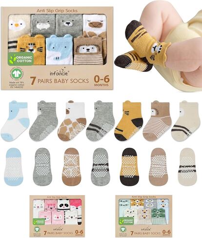 Organic Baby Socks – 7 Pairs of Soft Infant Socks for Newborn Boys & Girls (0-6 Months) – Breathable, Cute Animal Design in Saudi Arabia
