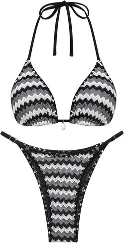 مجموعة بيكيني مخططة بألوان متعددة للنساء، ملابس سباحة مكونة من قطعتين من Cheeky Boho Halter، بدلات استحمام على شكل صدفة كروشيه مثلثة in Saudi Arabia