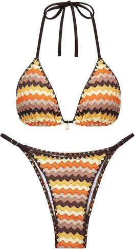 مجموعة بيكيني مخططة بألوان متعددة للنساء، ملابس سباحة مكونة من قطعتين من Cheeky Boho Halter، بدلات استحمام على شكل صدفة كروشيه مثلثة in Kuwait