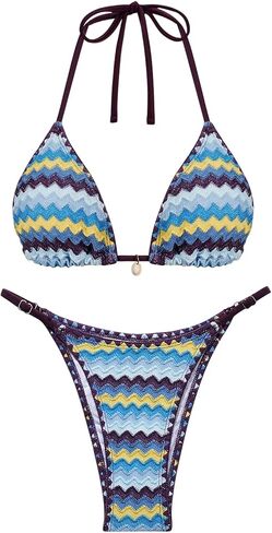 مجموعة بيكيني مخططة بألوان متعددة للنساء، ملابس سباحة مكونة من قطعتين من Cheeky Boho Halter، بدلات استحمام على شكل صدفة كروشيه مثلثة in Kuwait