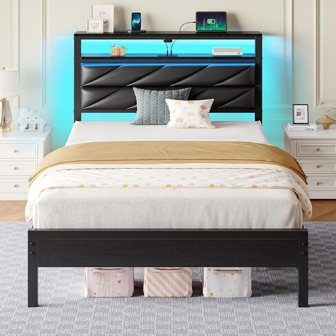 Seventable Bed Frame Twin Size with Charging Station, LED Bed with Upholstered Storage Headboard, Metal Platform Bed with Under Bed Storage, No Box Spring Needed, Noise Free, Easy Assembly, White in Saudi Arabia