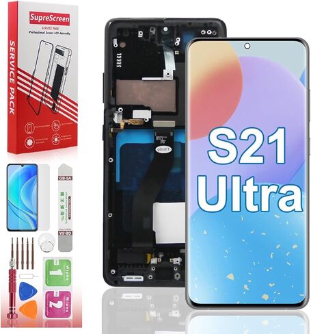 شاشة OLED بديلة لهاتف Samsung Galaxy S22 Ultra 5G، مجموعة محول رقمي لشاشة اللمس OLED تدعم بصمة الإصبع مع الإطار والأدوات باللون الأسود (إصدار الولايات المتحدة) in Kuwait
