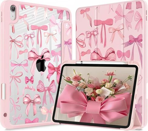لجهاز iPad A16 11 بوصة 2025 / لجهاز iPad الجيل العاشر 10.9 بوصة 2022 حافظة iPad مع حامل أقلام - [إيقاظ/نوم تلقائي]، غطاء واقٍ ناعم من مادة TPU بحامل ثلاثي الطي، أقواس وردية لطيفة in Kuwait