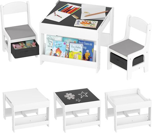Qaba 3 Piece Kids Table and Chair Set, 4 in 1 Toddler Wooden Activity Table with Reversible Tabletop Blackboard, Storage & Bookshelves for Playroom, Nursery, Natural in Saudi Arabia