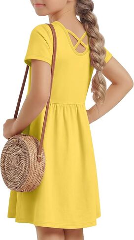 Girls a Line Dress Short Sleeve V Neck Solid Color Summer Dress for 5-14 Years Kids Casual in Saudi Arabia
