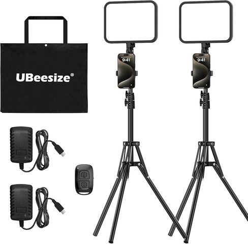 طقم إضاءة فيديو LED مكون من قطعتين من UBeesize، 3000-6500K أضواء استوديو تصوير فوتوغرافي قابلة للتعتيم مع حامل ثلاثي القوائم وحامل هاتف، وتسجيل الفيديو وإضاءة البث للمكياج والألعاب واليوتيوب in Kuwait