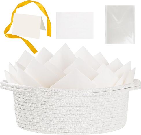 Gift Basket 12"X8"X5" Small Woven Basket with Gift Bags,Greeting Cards, Ribbons and Tissue Paper, Cotton Rope Baskets for Gifts Empty Halloween Christmas Birthday (White) in Saudi Arabia