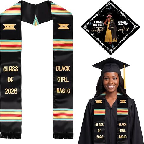 2026 Kente التخرج سرق وقبعة فتاة سوداء سحرية سرق وشاح أفريقي تحفيزي ملهم مخصص للنساء in Saudi Arabia