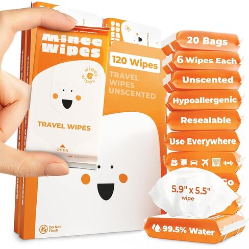 Impossibly Compact Travel Wipes - 99.5% Water - Safe for Sensitive Skin & Hypoallergenic, Resealable, Thick & Durable - For Adults, Kids & Baby Care - Unscented, 10 Pack Total 60 Wipes in Saudi Arabia