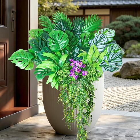 نباتات صناعية خارجية نباتات خضراء صناعية معلقة سرخس، 10 حزم واقعية من نباتات Monstera Palm Boston Fern Ivy للمزارعين في الهواء الطلق، شجيرات وهمية مقاومة للأشعة فوق البنفسجية، شجيرات استوائية دائمة الخضرة لفصل الربيع in Saudi Arabia