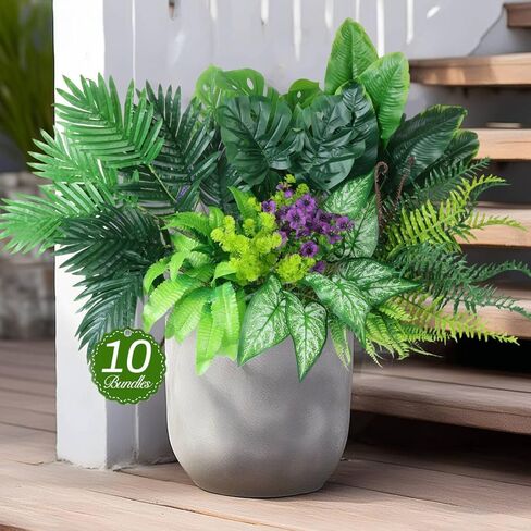 نباتات صناعية خارجية نباتات خضراء صناعية معلقة سرخس، 10 حزم واقعية من نباتات Monstera Palm Boston Fern Ivy للمزارعين في الهواء الطلق، شجيرات وهمية مقاومة للأشعة فوق البنفسجية، شجيرات استوائية دائمة الخضرة لفصل الربيع in Kuwait