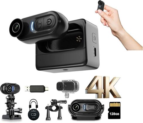 كاميرا الجسم الصغيرة بدقة 4K بسعة 128 جيجابايت، كاميرا الجسم بحجم الإبهام، كاميرات رياضية يمكن ارتداؤها، تسجيل POV بدون استخدام اليدين، حامل على الخوذة، فيديو رقمي رياضي مغناطيسي لركوب الدراجات، للسباحة أثناء المشي مع الحيوانات الأليفة in Kuwait