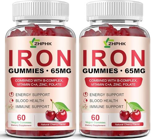 علكة مكملات الحديد للنساء والرجال والأطفال، 65 مجم حديد و250 مجم فيتامين C لكل جرعة - منشئ الدم ودعم المناعة فيتامين الحديد فيتامين غائر مع حمض الفوليك، عبوتان in Kuwait